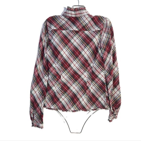 Tommy Hilfiger plaid red green white ruffle button down long sleeve blouse small - Picture 3 of 13
